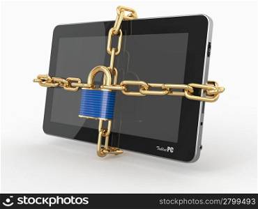 Tablet pc security. Chain with lock on computer. 3d
