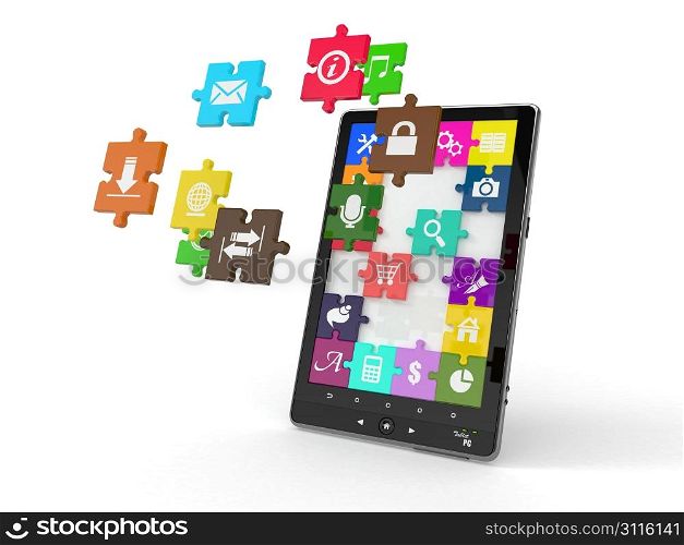 Tablet pc software. Screen from puzzle with icons. 3d
