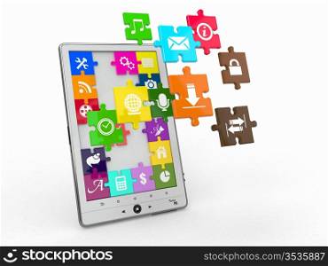 Tablet pc software. Screen from puzzle with icons. 3d