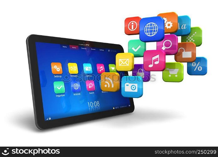 Tablet PC with cloud of colorful application icons isolated on white background