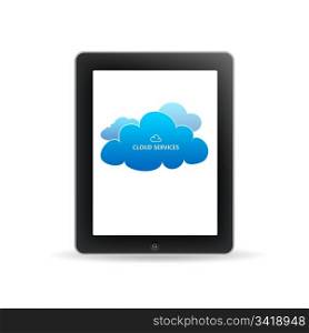 Tablet PC with cloud services icons on white background.