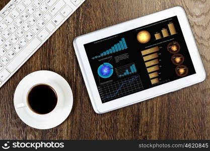 Tablet pc with graphs and cup of coffee on wooden table. Work place