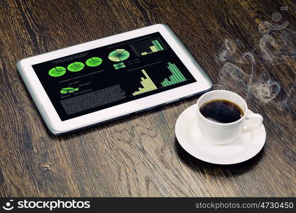 Tablet pc with graphs and cup of coffee on wooden table. Work place