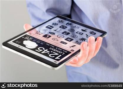 Tablet with a transparent display in human hands. Concept actual future innovative ideas and best technologies humanity.