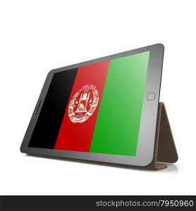 Tablet with Afghanistan flag image with hi-res rendered artwork that could be used for any graphic design.. Shareholder word cloud on tablet