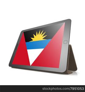 Tablet with Antigua and Barbuda flag image with hi-res rendered artwork that could be used for any graphic design.. Shareholder word cloud on tablet