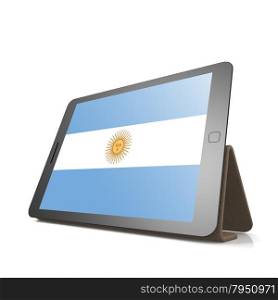 Tablet with Argentina flag image with hi-res rendered artwork that could be used for any graphic design.. Shareholder word cloud on tablet