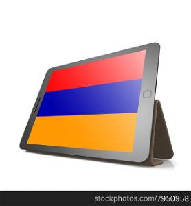 Tablet with Armenia flag image with hi-res rendered artwork that could be used for any graphic design.. Shareholder word cloud on tablet