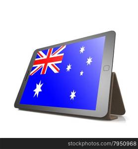 Tablet with Australia flag image with hi-res rendered artwork that could be used for any graphic design.. Shareholder word cloud on tablet