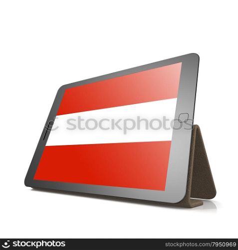 Tablet with Austria flag image with hi-res rendered artwork that could be used for any graphic design.. Shareholder word cloud on tablet