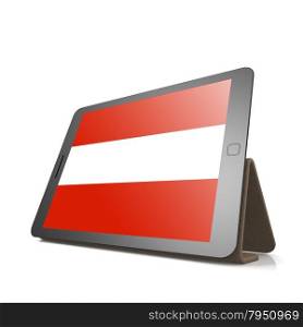 Tablet with Austria flag image with hi-res rendered artwork that could be used for any graphic design.. Shareholder word cloud on tablet