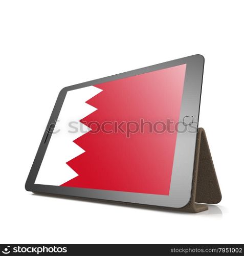 Tablet with Bahrain flag image with hi-res rendered artwork that could be used for any graphic design.. Shareholder word cloud on tablet