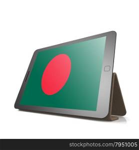 Tablet with Bangladesh flag image with hi-res rendered artwork that could be used for any graphic design.. Shareholder word cloud on tablet