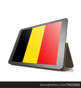 Tablet with Belgium flag image with hi-res rendered artwork that could be used for any graphic design.. Shareholder word cloud on tablet