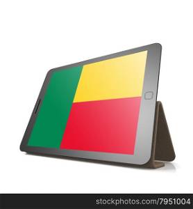 Tablet with Benin flag image with hi-res rendered artwork that could be used for any graphic design.. Shareholder word cloud on tablet