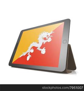 Tablet with Bhutan flag image with hi-res rendered artwork that could be used for any graphic design.. Shareholder word cloud on tablet