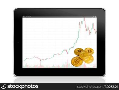 tablet with business chart and golden bitcoins