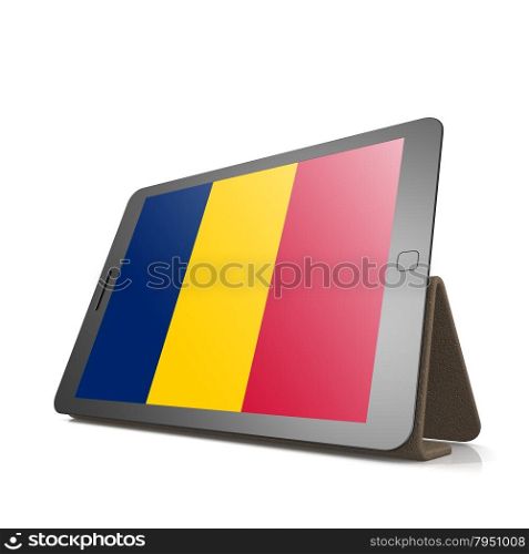 Tablet with Chad flag image with hi-res rendered artwork that could be used for any graphic design.. Shareholder word cloud on tablet