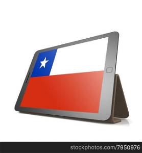 Tablet with Chile flag image with hi-res rendered artwork that could be used for any graphic design.. Shareholder word cloud on tablet