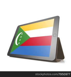 Tablet with Comoros flag image with hi-res rendered artwork that could be used for any graphic design.. Shareholder word cloud on tablet