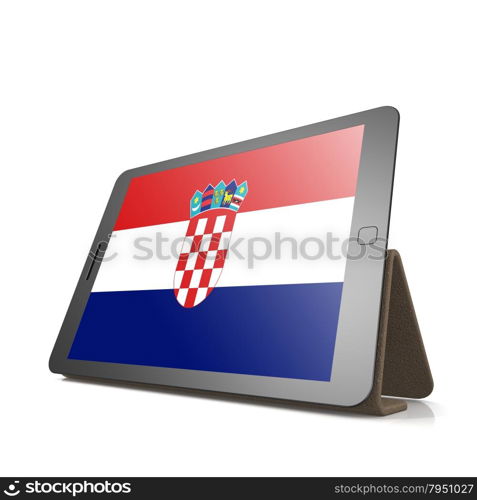 Tablet with Croatia flag image with hi-res rendered artwork that could be used for any graphic design.. Shareholder word cloud on tablet