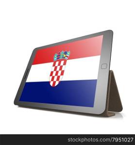 Tablet with Croatia flag image with hi-res rendered artwork that could be used for any graphic design.. Shareholder word cloud on tablet