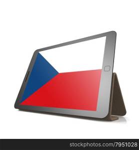 Tablet with Czech Republic flag image with hi-res rendered artwork that could be used for any graphic design.. Shareholder word cloud on tablet