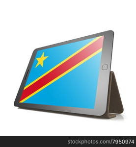 Tablet with Democratic Republic of the Congo flag image with hi-res rendered artwork that could be used for any graphic design.. Shareholder word cloud on tablet