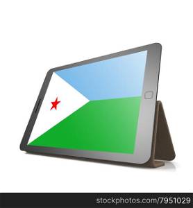 Tablet with Djibouti flag image with hi-res rendered artwork that could be used for any graphic design.. Shareholder word cloud on tablet