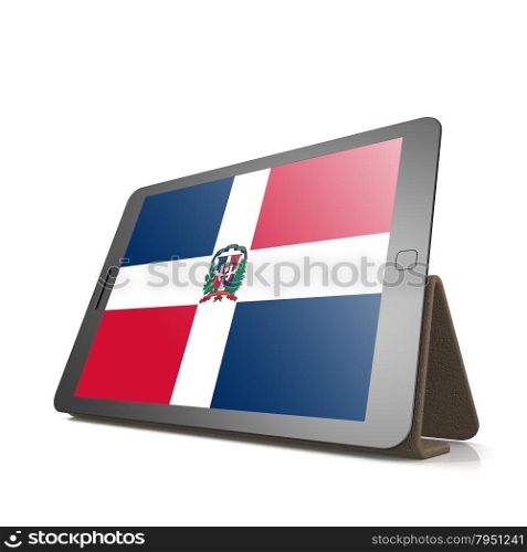 Tablet with Dominican Republic flag image with hi-res rendered artwork that could be used for any graphic design.. Shareholder word cloud on tablet