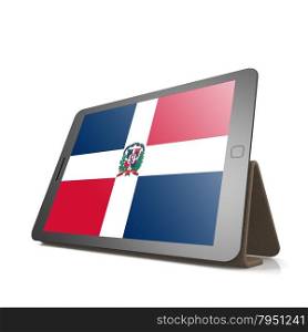 Tablet with Dominican Republic flag image with hi-res rendered artwork that could be used for any graphic design.. Shareholder word cloud on tablet