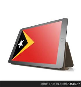 Tablet with East Timor flag image with hi-res rendered artwork that could be used for any graphic design.. Shareholder word cloud on tablet