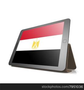 Tablet with Egypt flag image with hi-res rendered artwork that could be used for any graphic design.. Shareholder word cloud on tablet