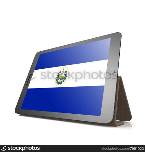 Tablet with El Salvador flag image with hi-res rendered artwork that could be used for any graphic design.. Shareholder word cloud on tablet