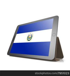 Tablet with El Salvador flag image with hi-res rendered artwork that could be used for any graphic design.. Shareholder word cloud on tablet