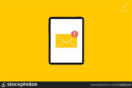Tablet with email envelope. Tablet and document on screen. Email concept. Flat style vector illustration.. Tablet with email envelope. Tablet and document on screen. Flat style vector illustration.