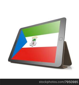 Tablet with Equatorial Guinea flag image with hi-res rendered artwork that could be used for any graphic design.. Shareholder word cloud on tablet