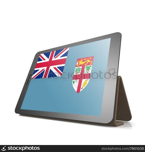 Tablet with Fiji flag image with hi-res rendered artwork that could be used for any graphic design.. Shareholder word cloud on tablet
