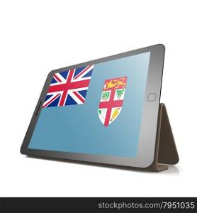 Tablet with Fiji flag image with hi-res rendered artwork that could be used for any graphic design.. Shareholder word cloud on tablet