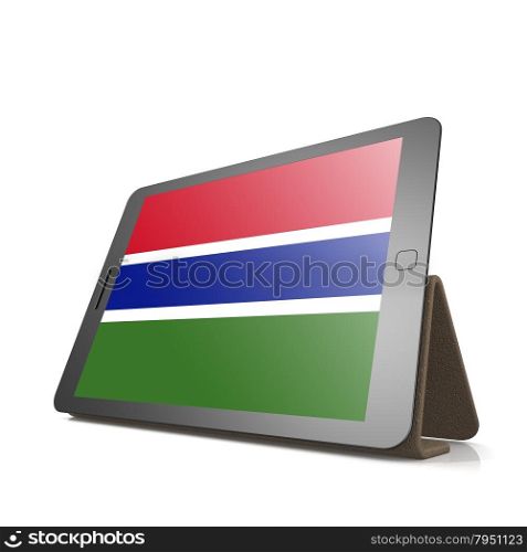 Tablet with Gambia flag image with hi-res rendered artwork that could be used for any graphic design.. Shareholder word cloud on tablet