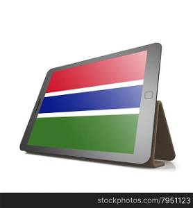Tablet with Gambia flag image with hi-res rendered artwork that could be used for any graphic design.. Shareholder word cloud on tablet