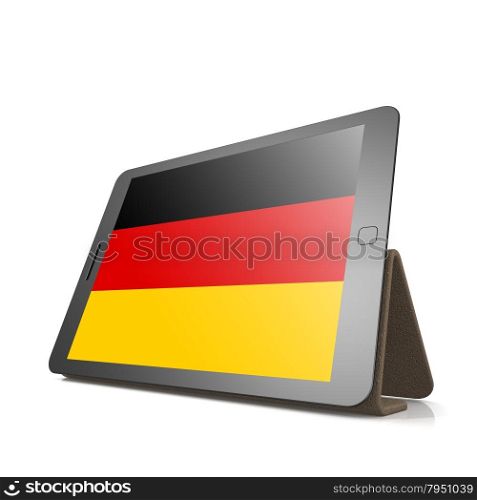 Tablet with Germany flag image with hi-res rendered artwork that could be used for any graphic design.. Shareholder word cloud on tablet