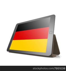 Tablet with Germany flag image with hi-res rendered artwork that could be used for any graphic design.. Shareholder word cloud on tablet
