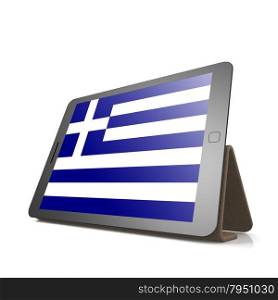 Tablet with Greece flag image with hi-res rendered artwork that could be used for any graphic design.. Shareholder word cloud on tablet