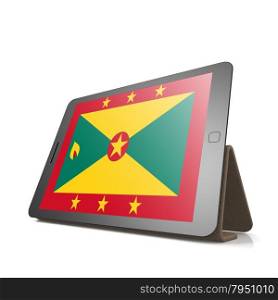 Tablet with Grenada flag image with hi-res rendered artwork that could be used for any graphic design.. Shareholder word cloud on tablet