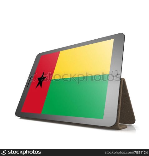 Tablet with Guinea Bissau flag image with hi-res rendered artwork that could be used for any graphic design.. Shareholder word cloud on tablet