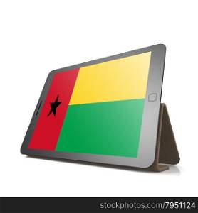 Tablet with Guinea Bissau flag image with hi-res rendered artwork that could be used for any graphic design.. Shareholder word cloud on tablet