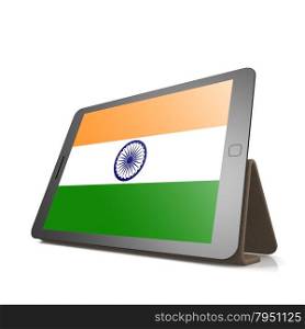 Tablet with India flag image with hi-res rendered artwork that could be used for any graphic design.. Shareholder word cloud on tablet
