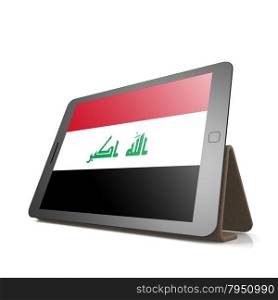 Tablet with Iraq flag image with hi-res rendered artwork that could be used for any graphic design.. Shareholder word cloud on tablet