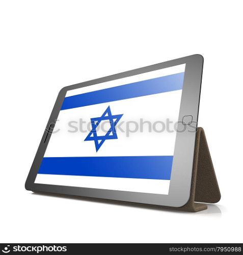 Tablet with Israel flag image with hi-res rendered artwork that could be used for any graphic design.. Shareholder word cloud on tablet